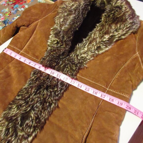 Vintage Marvin Richards Genuine Leather Jacket Long Trench Coat Medium Fur Trim - Picture 14 of 16